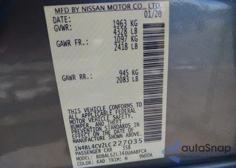 2020 Nissan Altima Sr Fwd z USA, uszkodzony, nr VIN 1N4BL4CV2LC227035